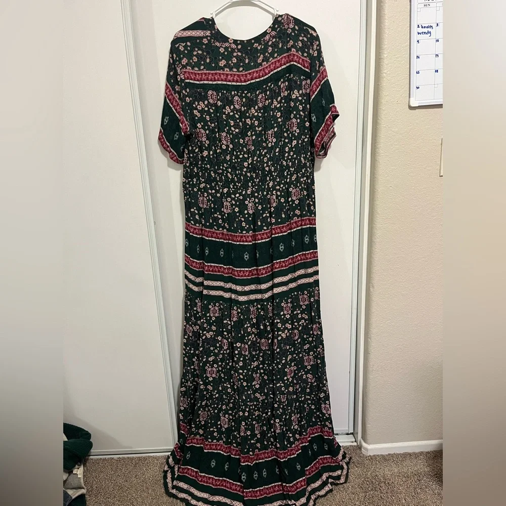 Knox Rose Dress Womens Medium Green Floral Maxi Short Sleeve V-Neck Smocked Boho - Picture 6 of 7